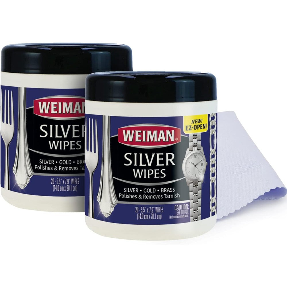 Weiman jewelry polish cleaner and tarnish remover wipes front view of the two pack canister set with polishing cloth