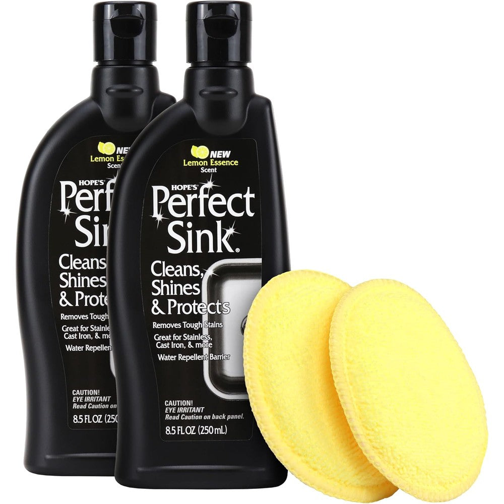 HOPE'S Perfect Sink Cleaner and Polish front view of two pack kit with yellow cleaning pads.