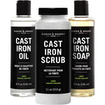 Caron & Doucet Ultimate Cast Iron Set showing three bottles for seasoning and cleaning.