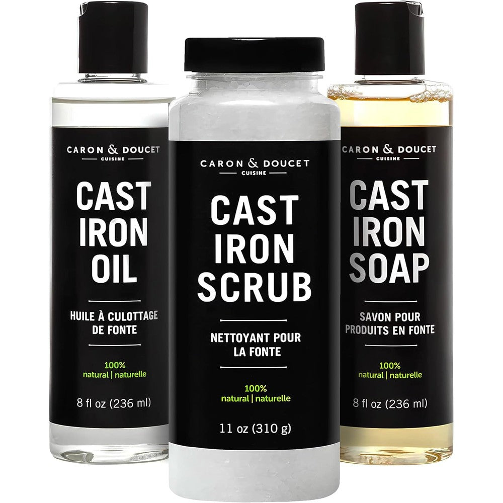 Caron & Doucet Ultimate Cast Iron Set showing three bottles for seasoning and cleaning.