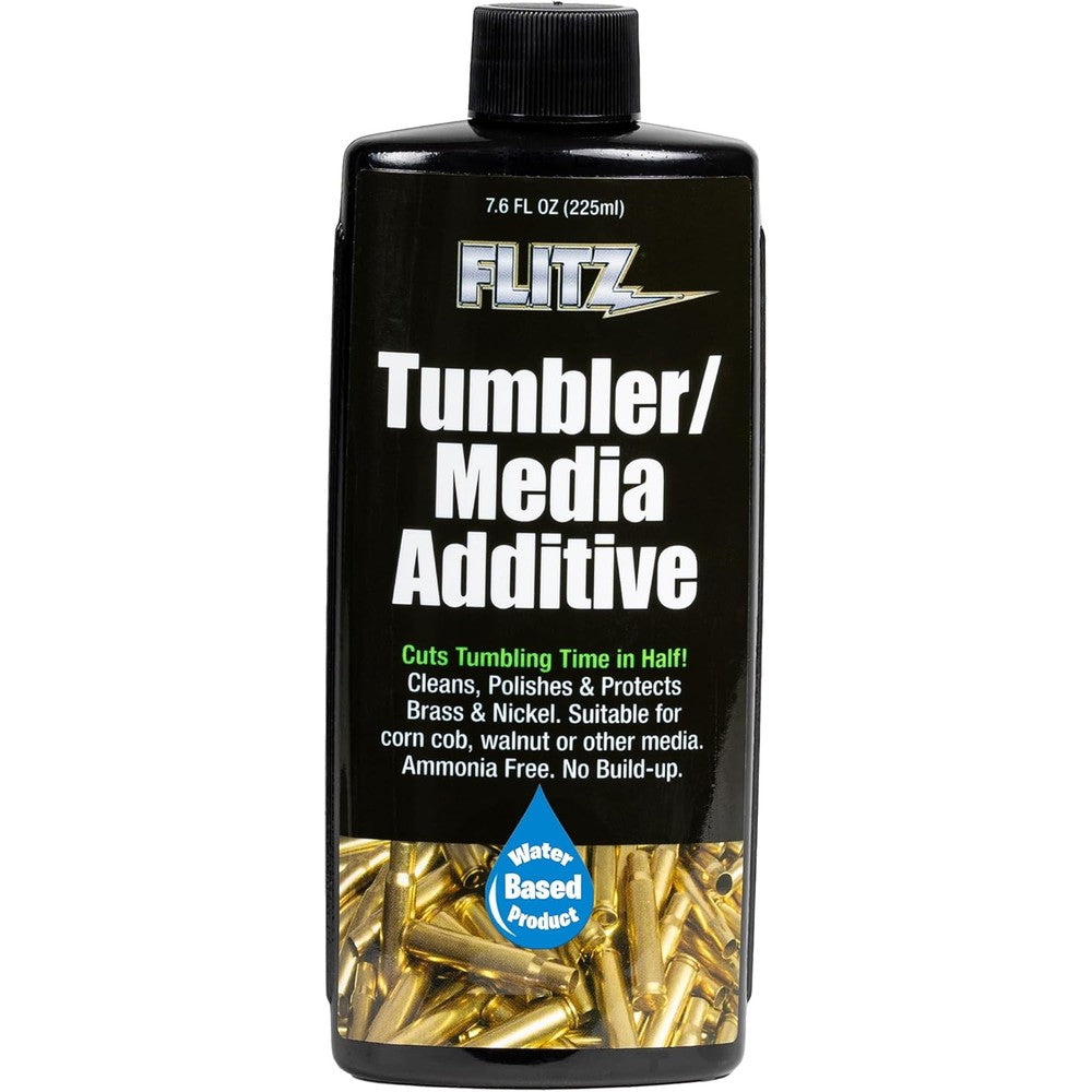 Flitz Tumbler Media Additive front view of 7.6 ounce bottle for brass cleaning