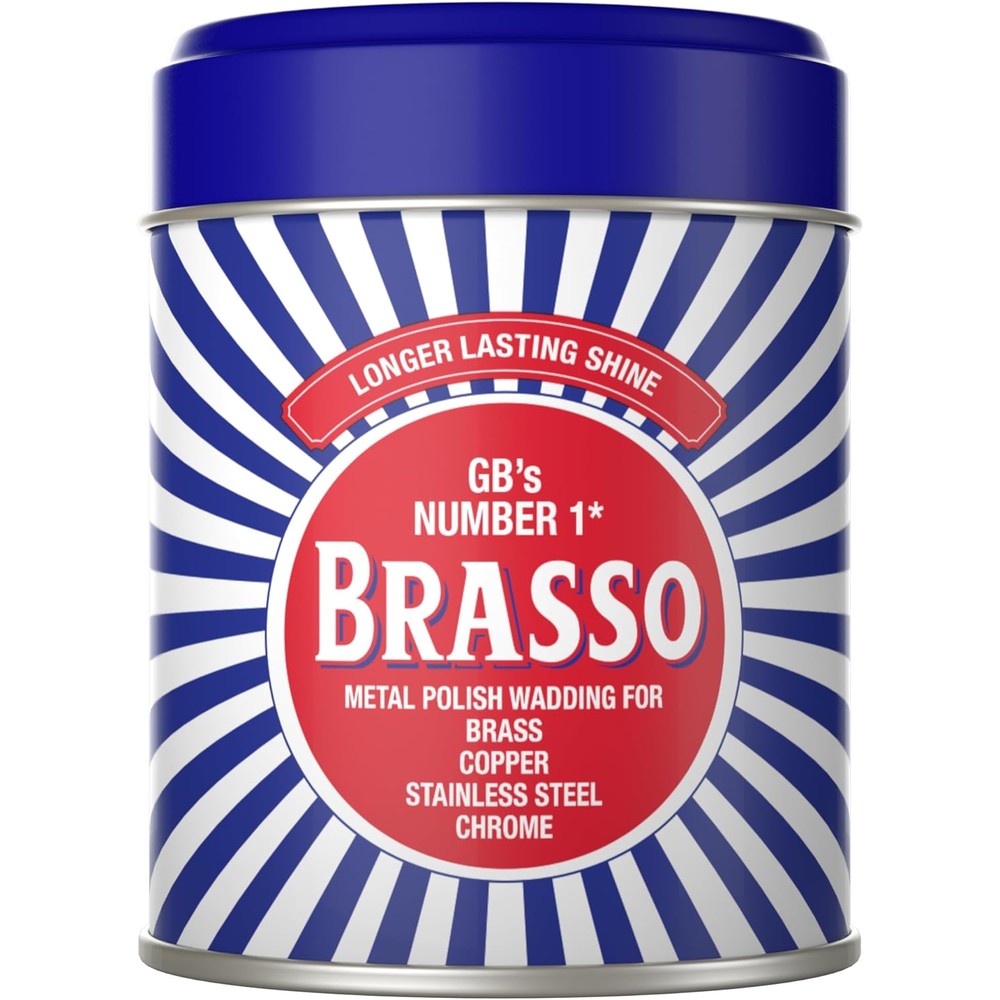 Brasso Metal Polish Wadding 75g front view tin on a clean white background