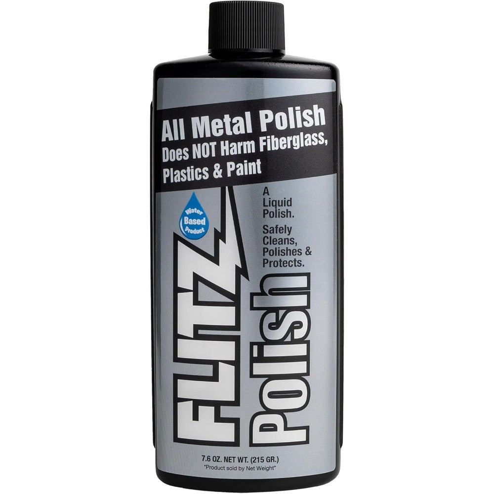 Flitz Multi Purpose Metal Polish Liquid 7.6 Ounce bottle front view for tarnish removal.