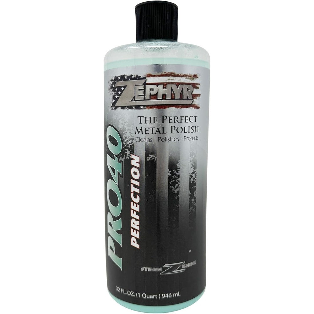 Zephyr Pro 40 Perfection Liquid Metal Polish 32 ounce bottle front view for mirror shine.