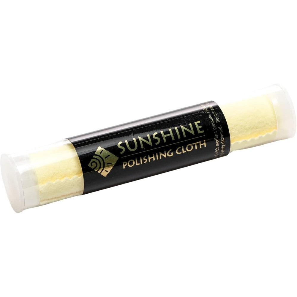 Sunshine Polishing Cloth jewelry cleaner tube front view showing yellow fabric.