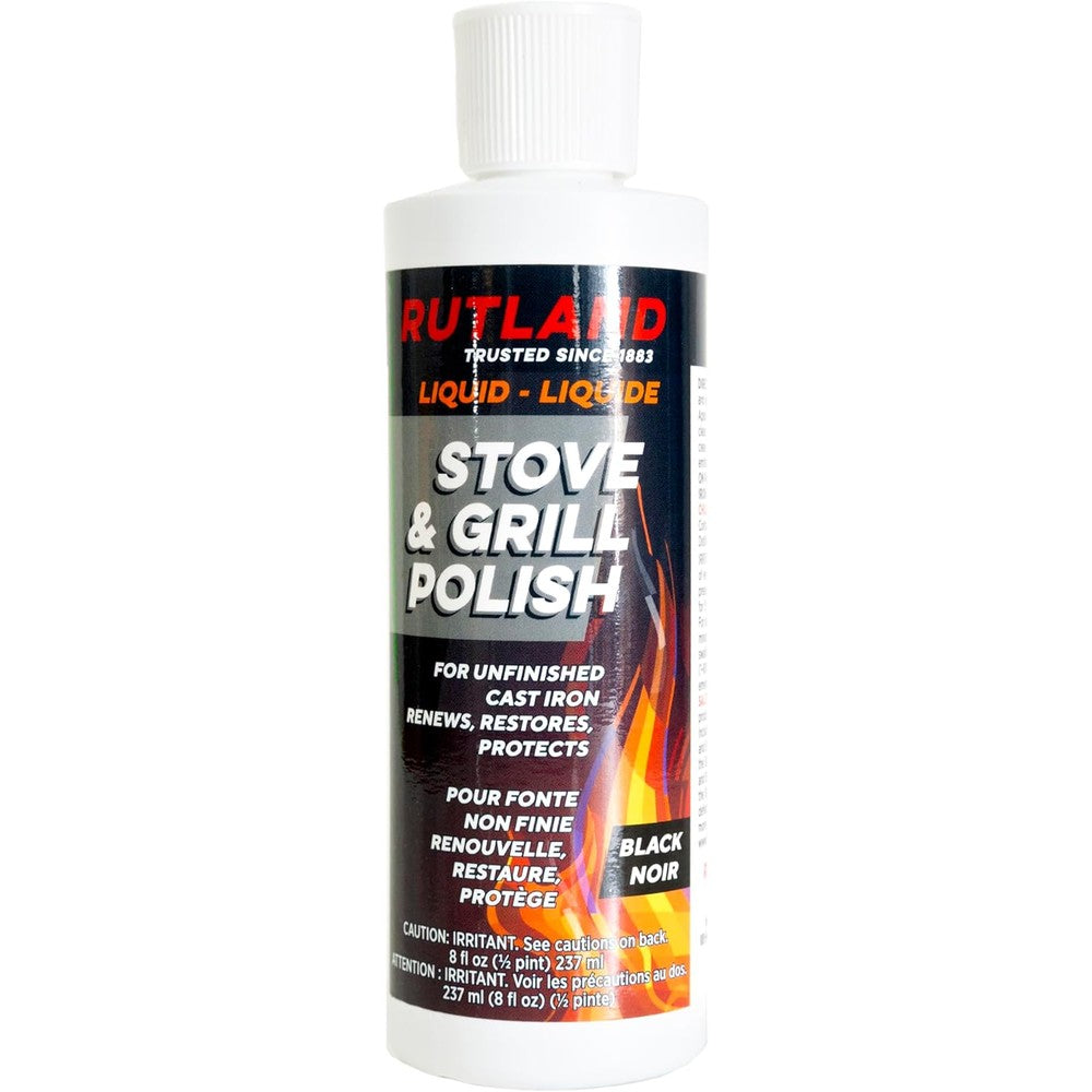 Rutland Stove and Grill Liquid Polish 8 ounce bottle front view for cast iron restoration.