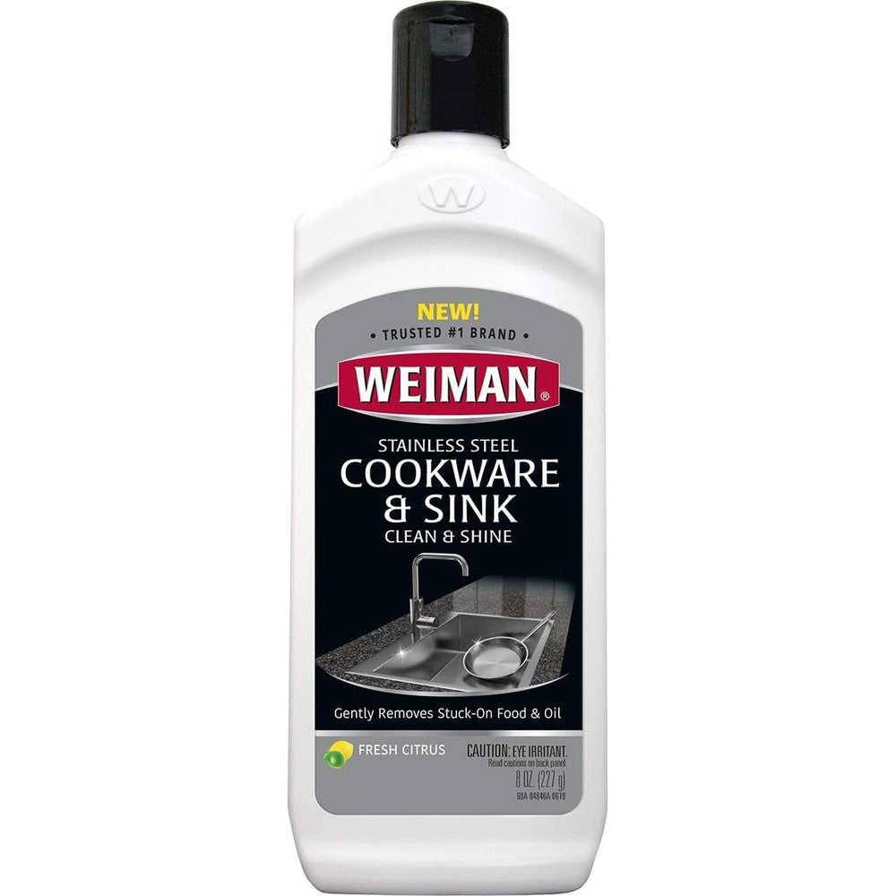 Weiman stainless steel cookware and sink cleaner front view bottle for premium kitchen metal polishing