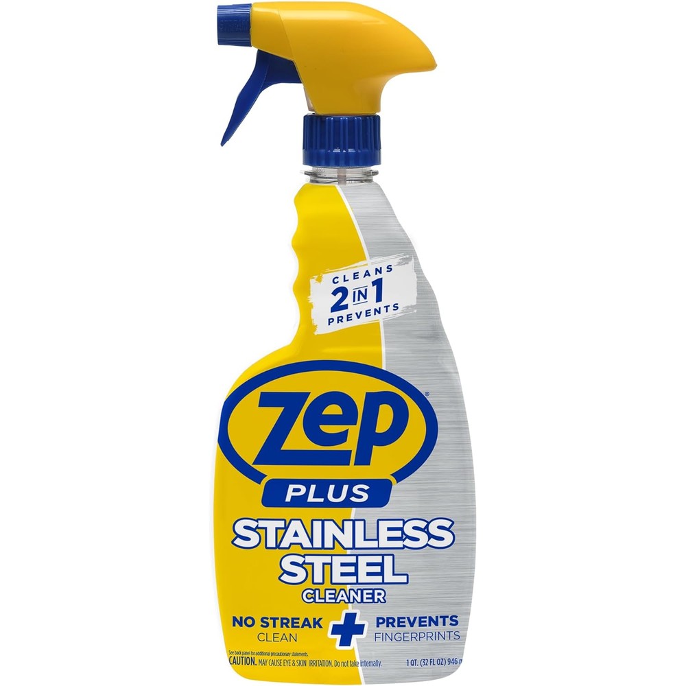 Zep Plus Stainless Steel Cleaner front view bottle showcasing the two in one formula logo.