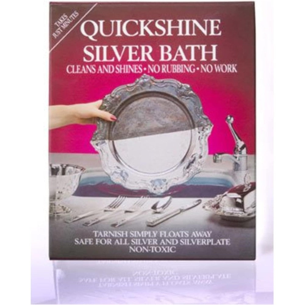 Quickshine Silver Clean and Shine Bath front packaging for tarnish removal