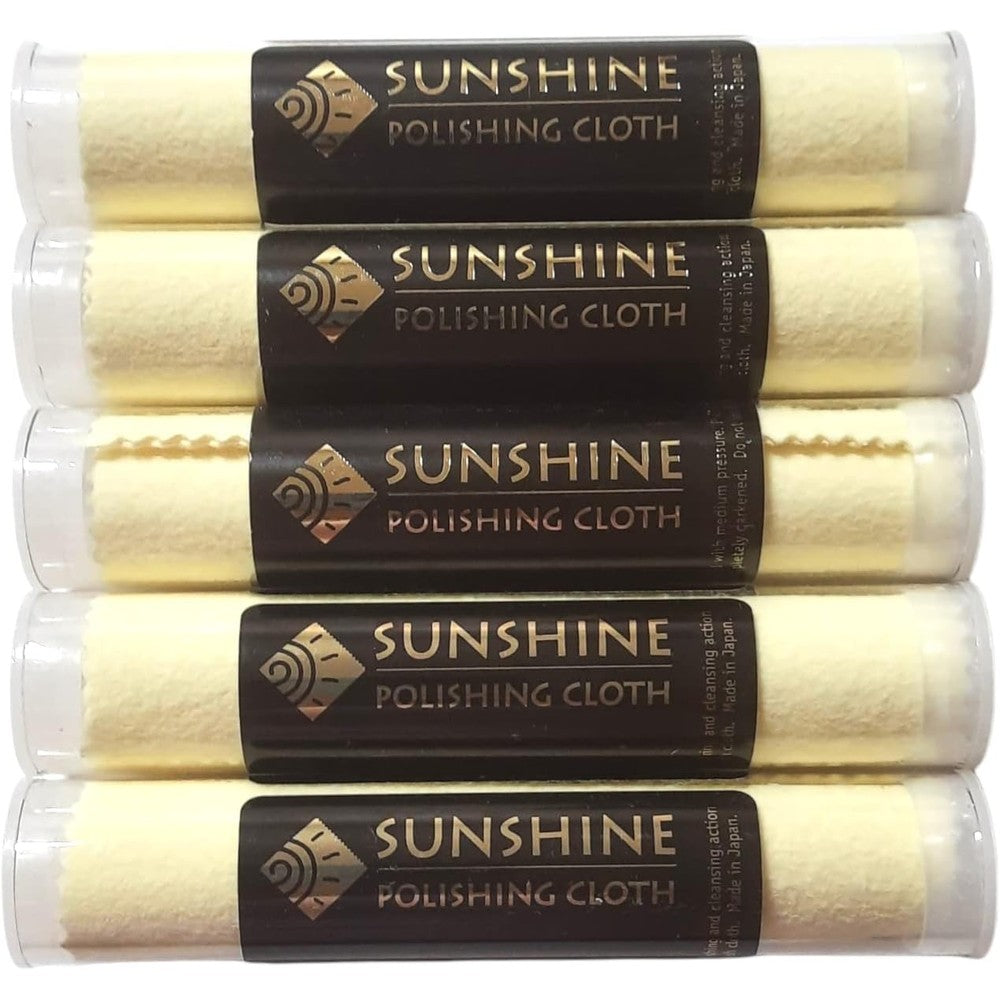 Sunshine 5 Polishing Cloths Jewelry Cleaner Tube front view showing five yellow cloths