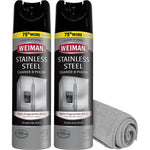 Weiman Stainless Steel Cleaner and Polish front view of two aerosol cans with microfiber cloth