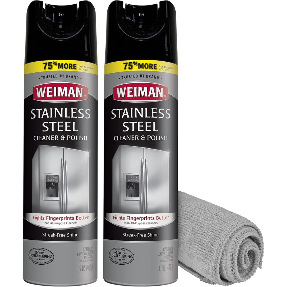 Weiman Stainless Steel Cleaner and Polish front view of two aerosol cans with microfiber cloth
