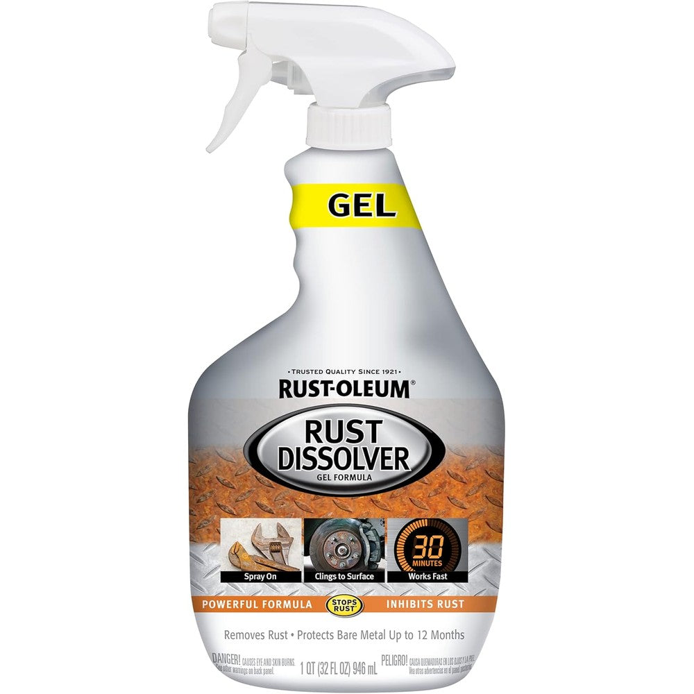 Rust-Oleum Rust Dissolver Trigger Spray Gel thirty two ounce front bottle view showing heavy duty metal restoration spray