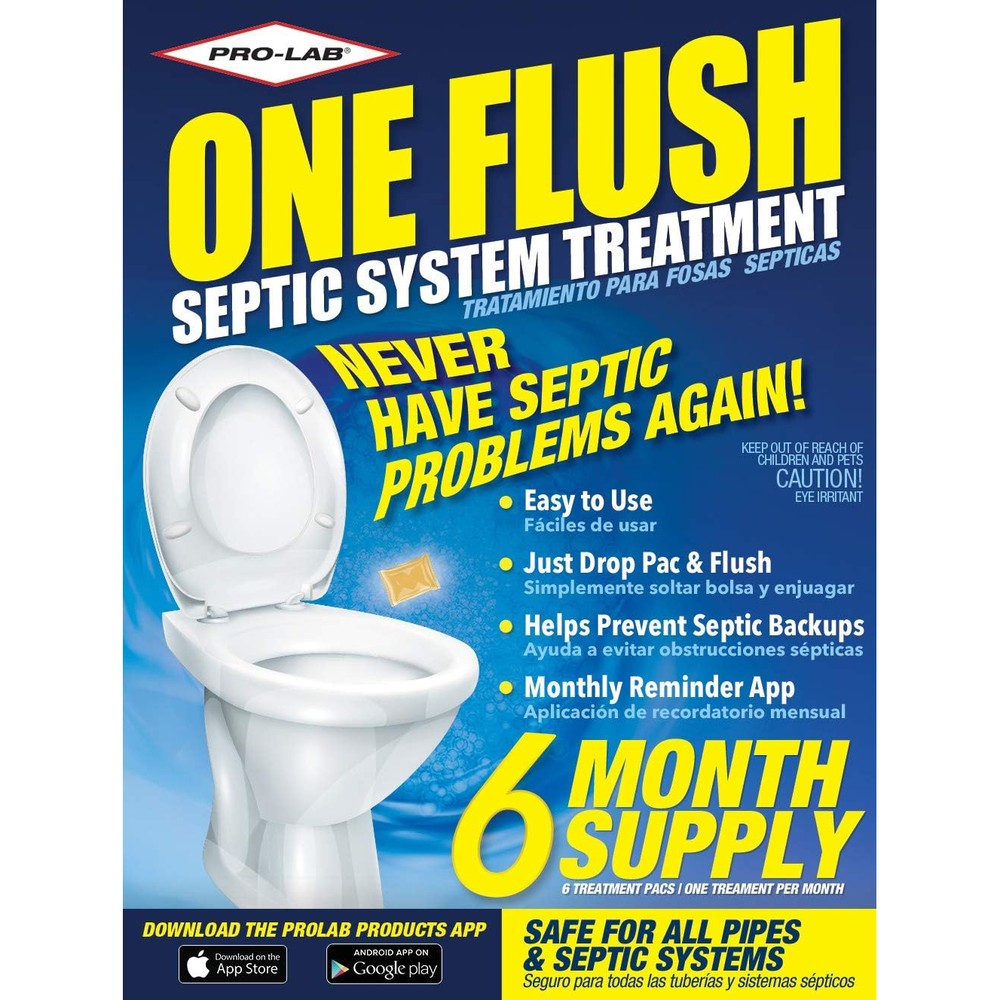 Pro-Lab One Flush Septic Tank Treatment 6 Month Supply front view showing packaging.