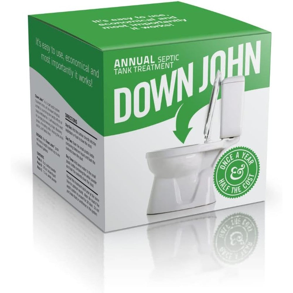 Down John Septic Tank Treatment front view of 3-part kit packaging