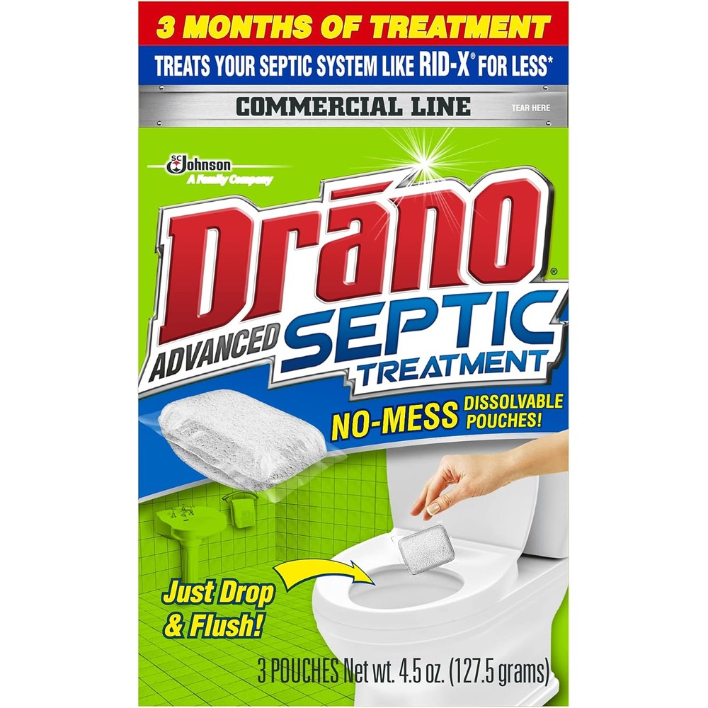 Drano Advanced Septic Tank Treatment front view of 3 count packaging.