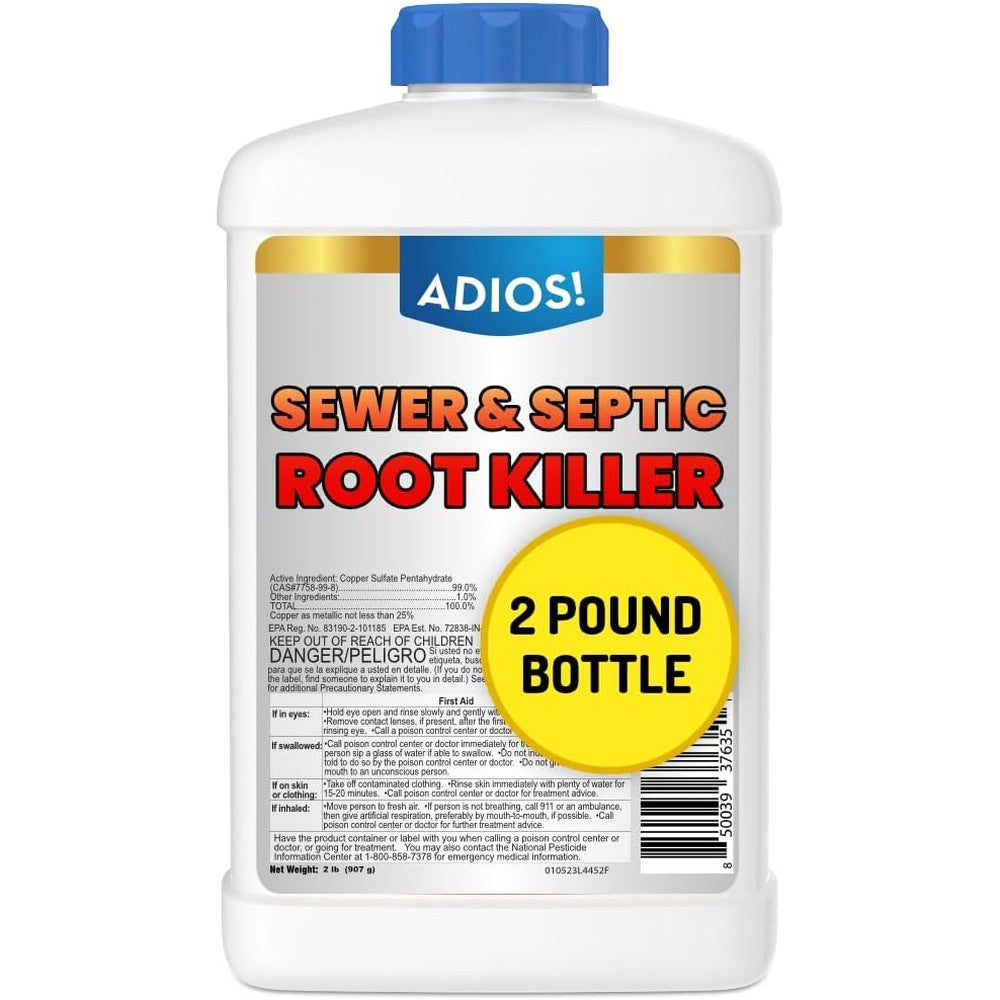 Adios Sewer and Septic Root Killer 2 Pound bottle front view