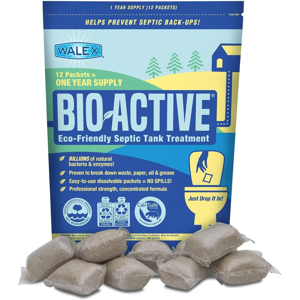 Walex Bio Active Home Septic Tank Treatment front view showing twelve monthly packets bag.