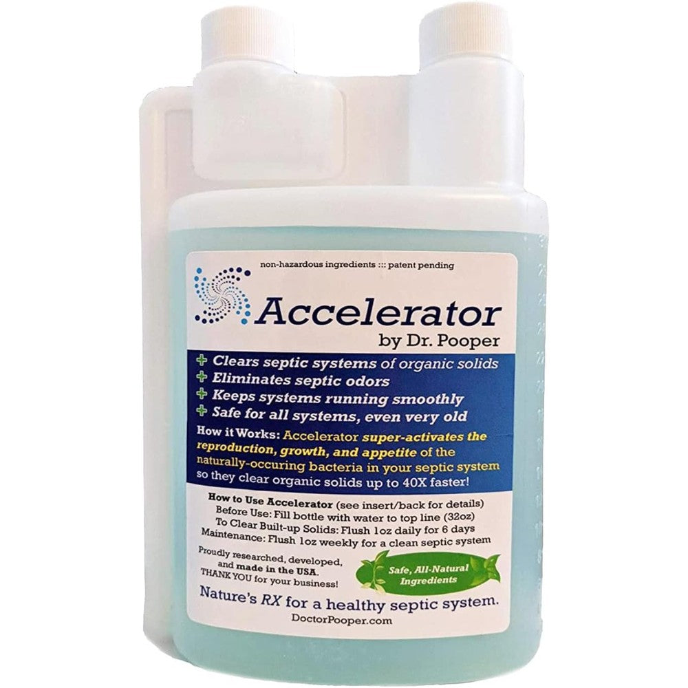 Dr. Pooper Accelerator Septic Tank Treatment 32 ounce bottle front view for septic maintenance.