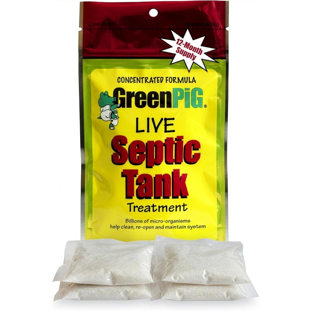 Green Pig Septic Tank Treatment 4 packet pack front view for preventative maintenance.