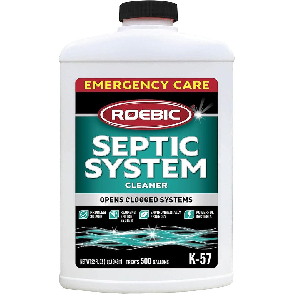 Roebic K-57-Q Septic System Cleaner front view of 32 ounce bottle for emergency drain care.