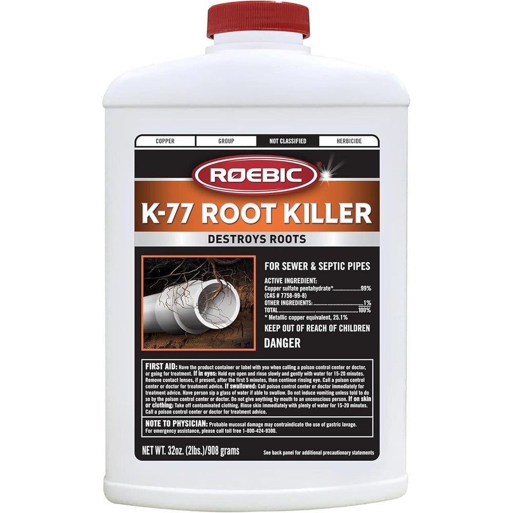 Roebic K-77 Granular Tree Root Killer 32 Ounce front view for sewer line maintenance.