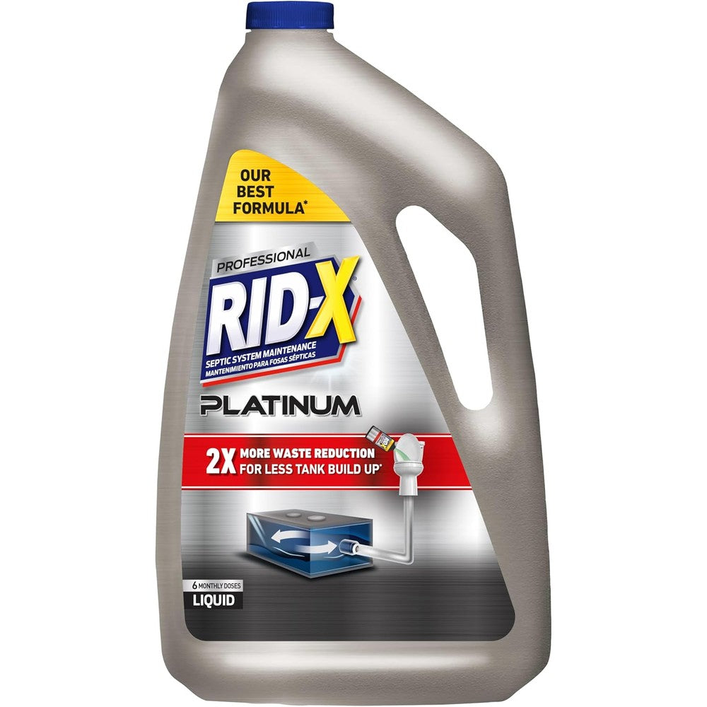 RID-X Septic Tank Treatment Platinum Liquid 6 Month Supply front view bottle showing dual action formula details.