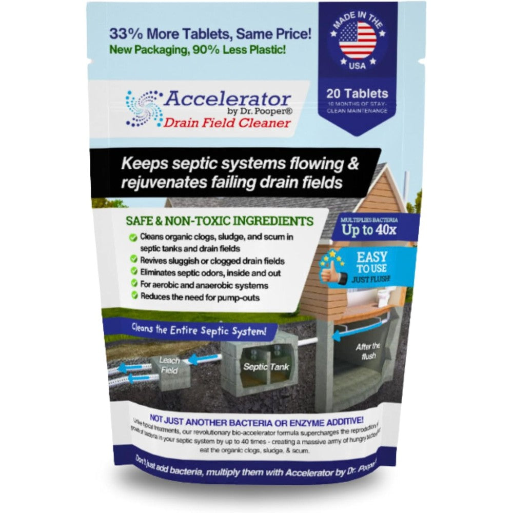 Accelerator by Dr. Pooper Drain Field Cleaner Tablets 20 Count front packaging view for premium septic tank treatment.
