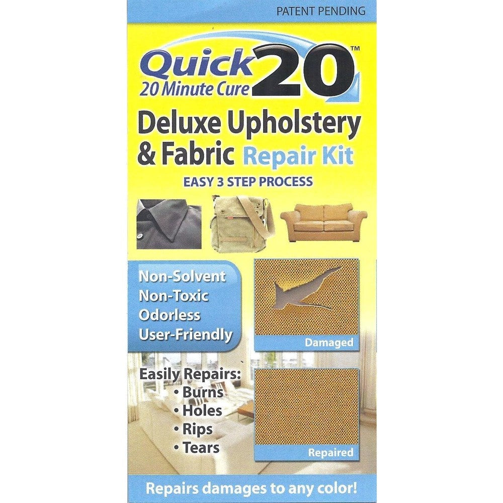 Liquid Leather Quick 20 Deluxe Upholstery and Fabric Repair Kit front packaging for DIY furniture restoration.