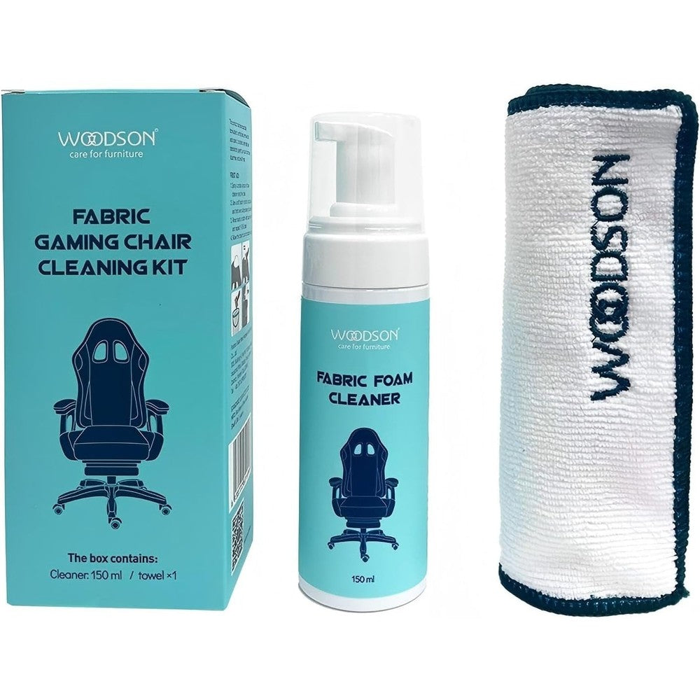 Accio Woodson fabric care kit front view with foam cleaner and towel