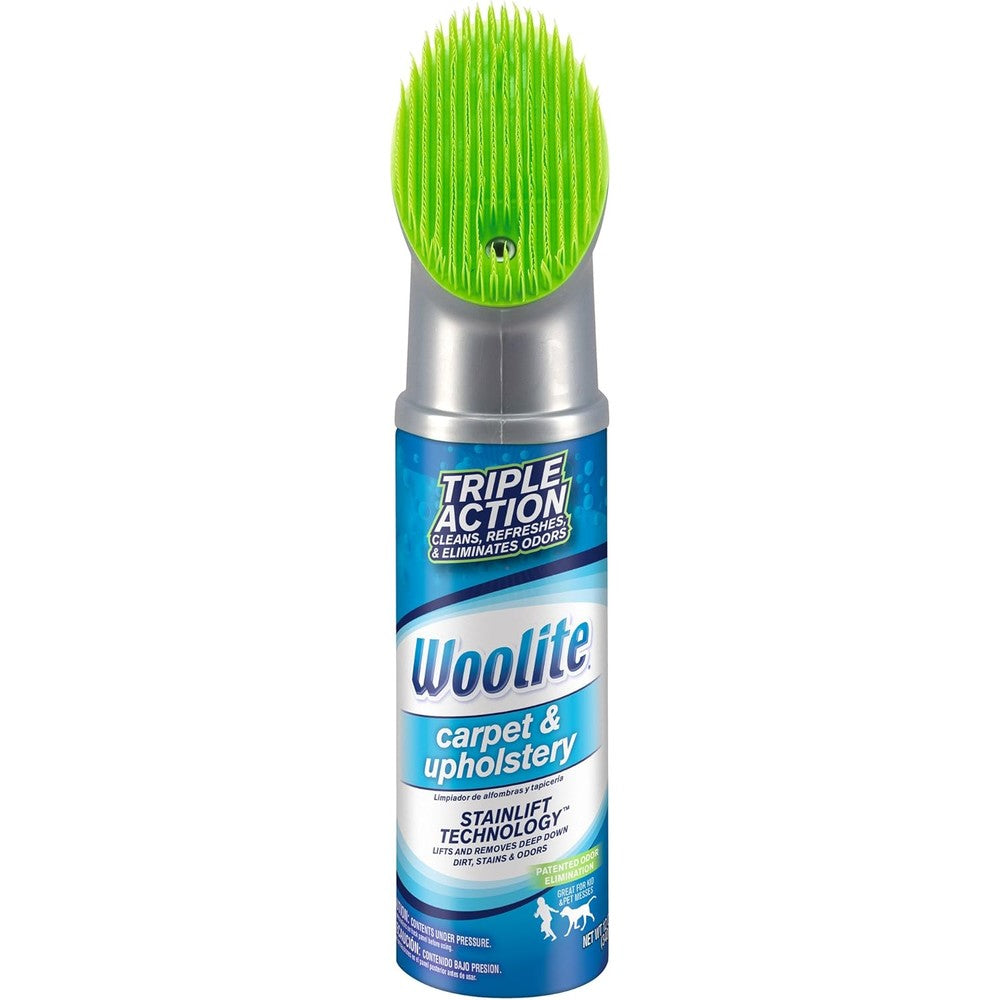 Woolite Carpet and Upholstery Foam Cleaner 12 Ounce front view with green scrub brush for stain removal.