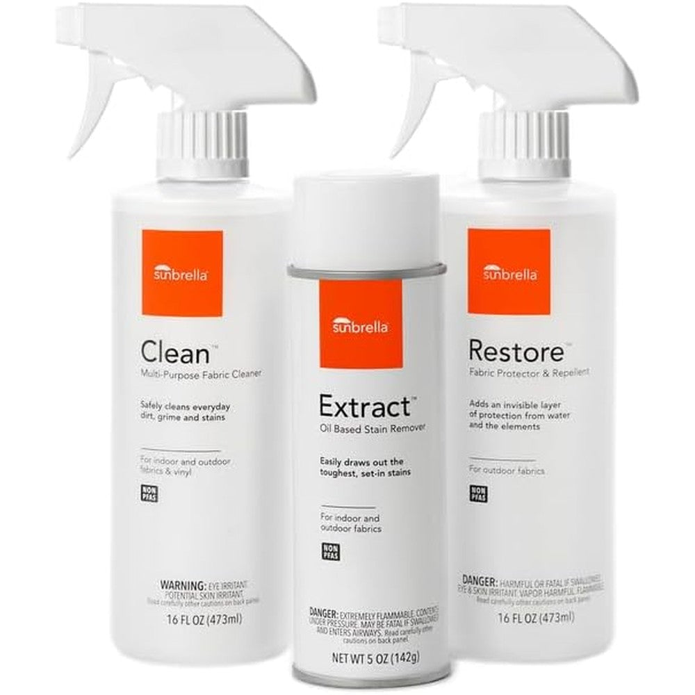 Sunbrella Total Care Kit front view featuring three cleaning and protection bottles.