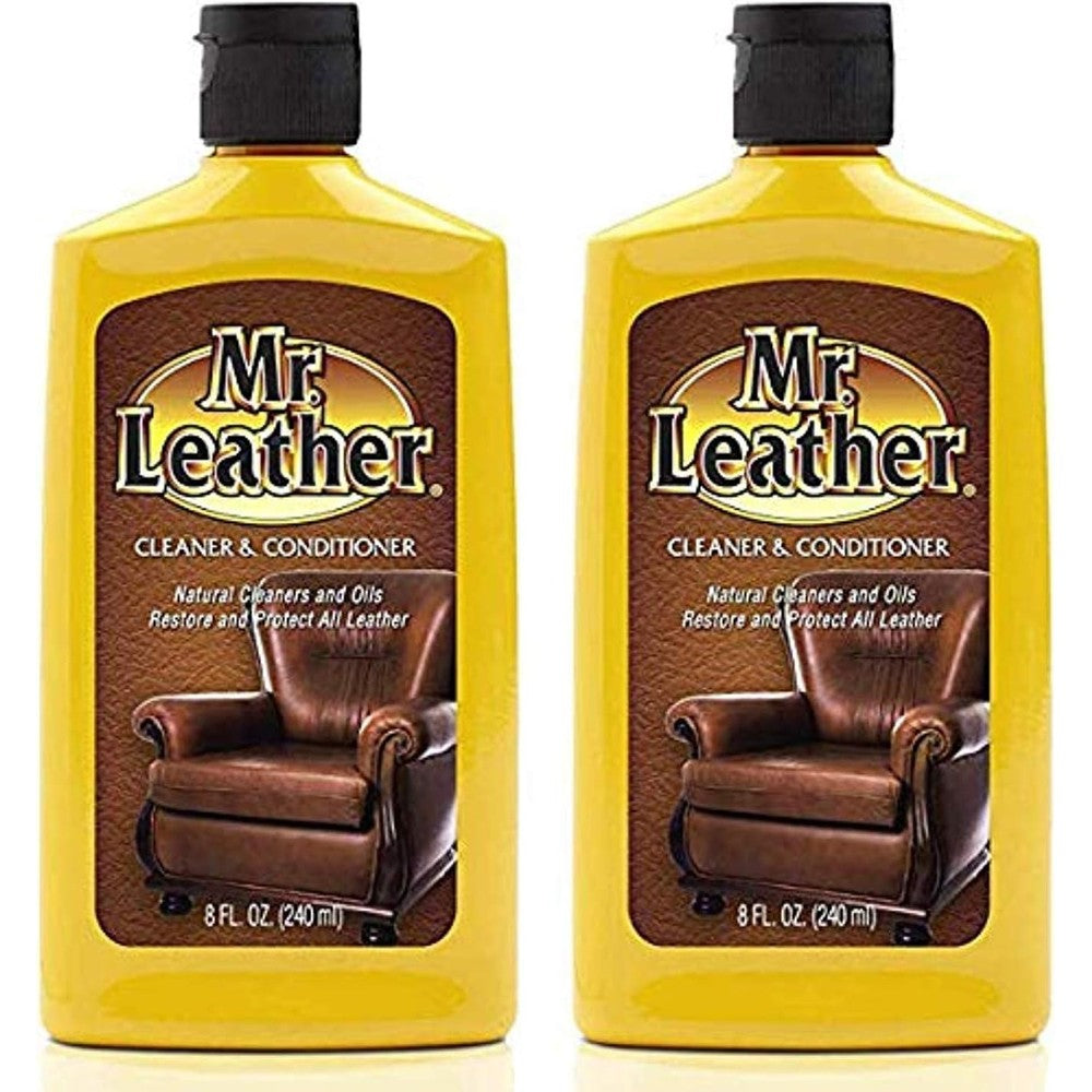 Mr. Leather Cleaner and Conditioner front view of two pack liquid bottles for automotive care.