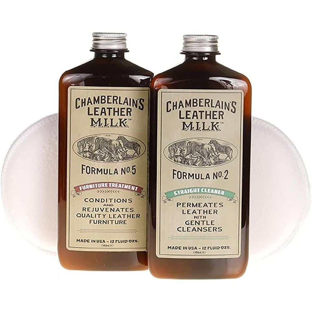 Chamberlain's Leather Milk Furniture Cleaner and Conditioner Kit front view for leather sofa maintenance.