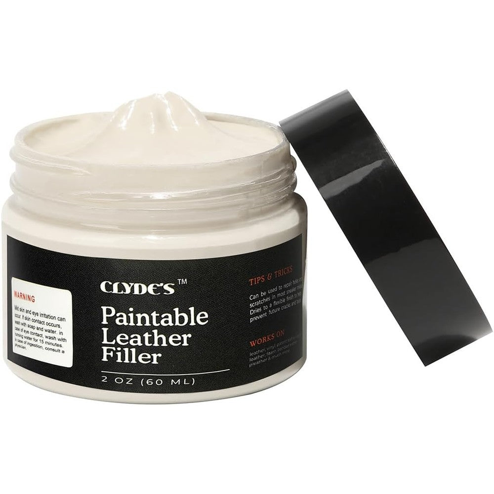 Clydes Leather Company Paintable Leather Filler front view jar for scratch repair