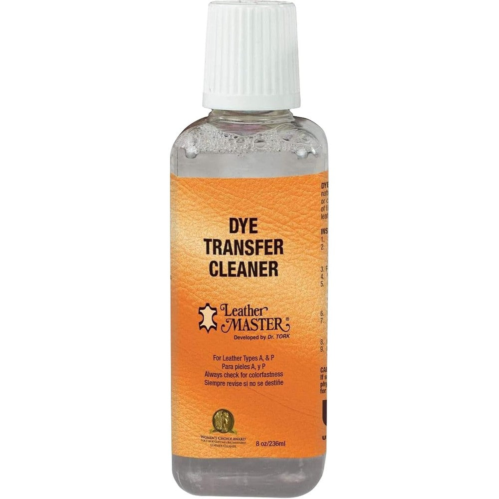 Leather Master Leather Dye Transfer Cleaner 236ml front view for stain removal.