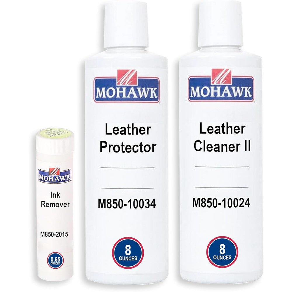 Mohawk Finishing Products Leather Care Kit front view with cleaner protector and ink remover bottles.