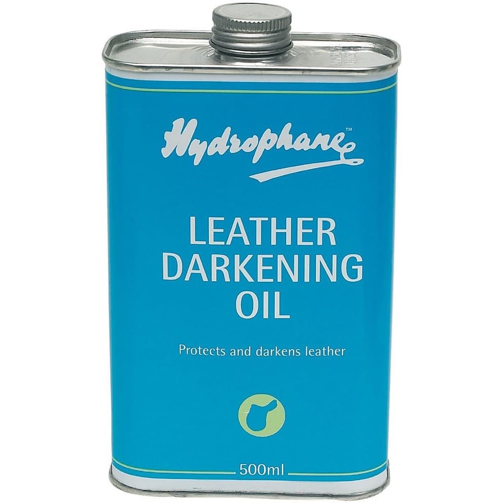 Hydrophane Leather Darkening Oil 500ml bottle front view for equestrian leather care.