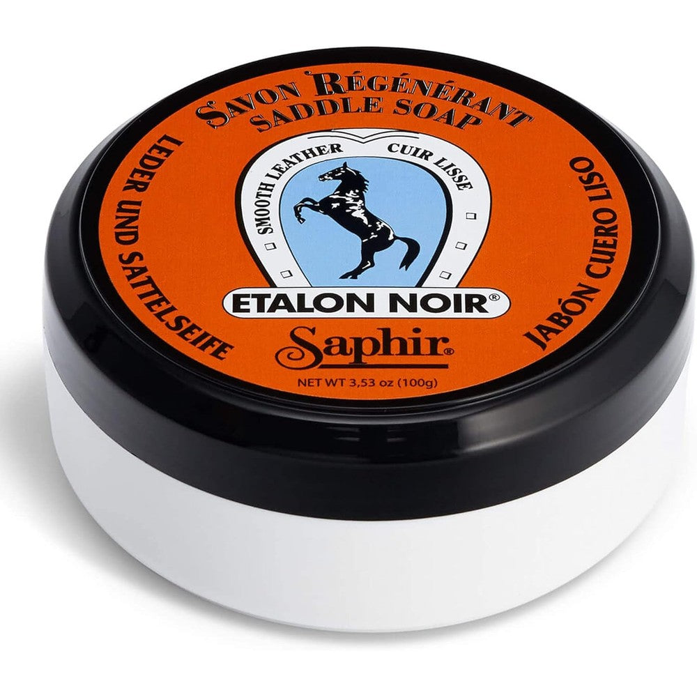 Saphir Etalon Noir Soap front view 100 gram tin for leather cleaning.