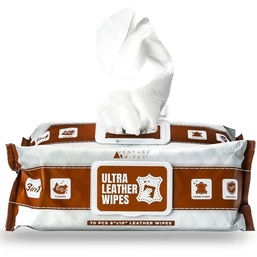 Venture Wipes Leather Cleaner Wipes front view packaging showcasing 70 count quantity