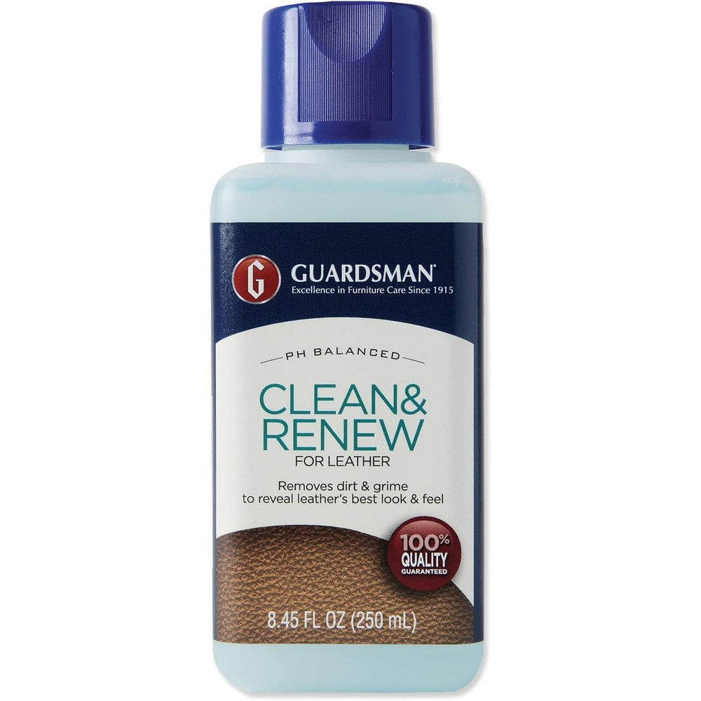 Guardsman Clean and Renew Leather Protector 8.45 Fluid Ounce front view bottle for premium furniture care.