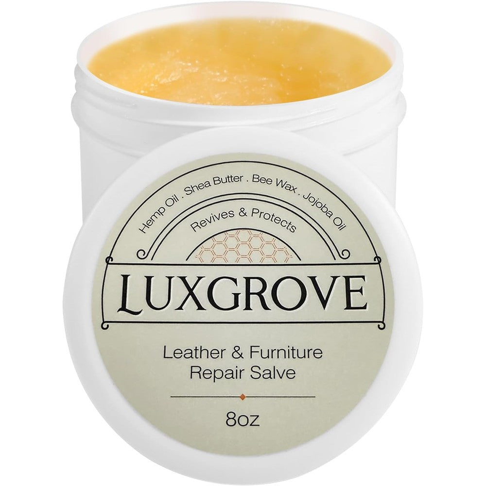 LUXGROVE Leather and Furniture Repair Salve front view of premium leather conditioner container.