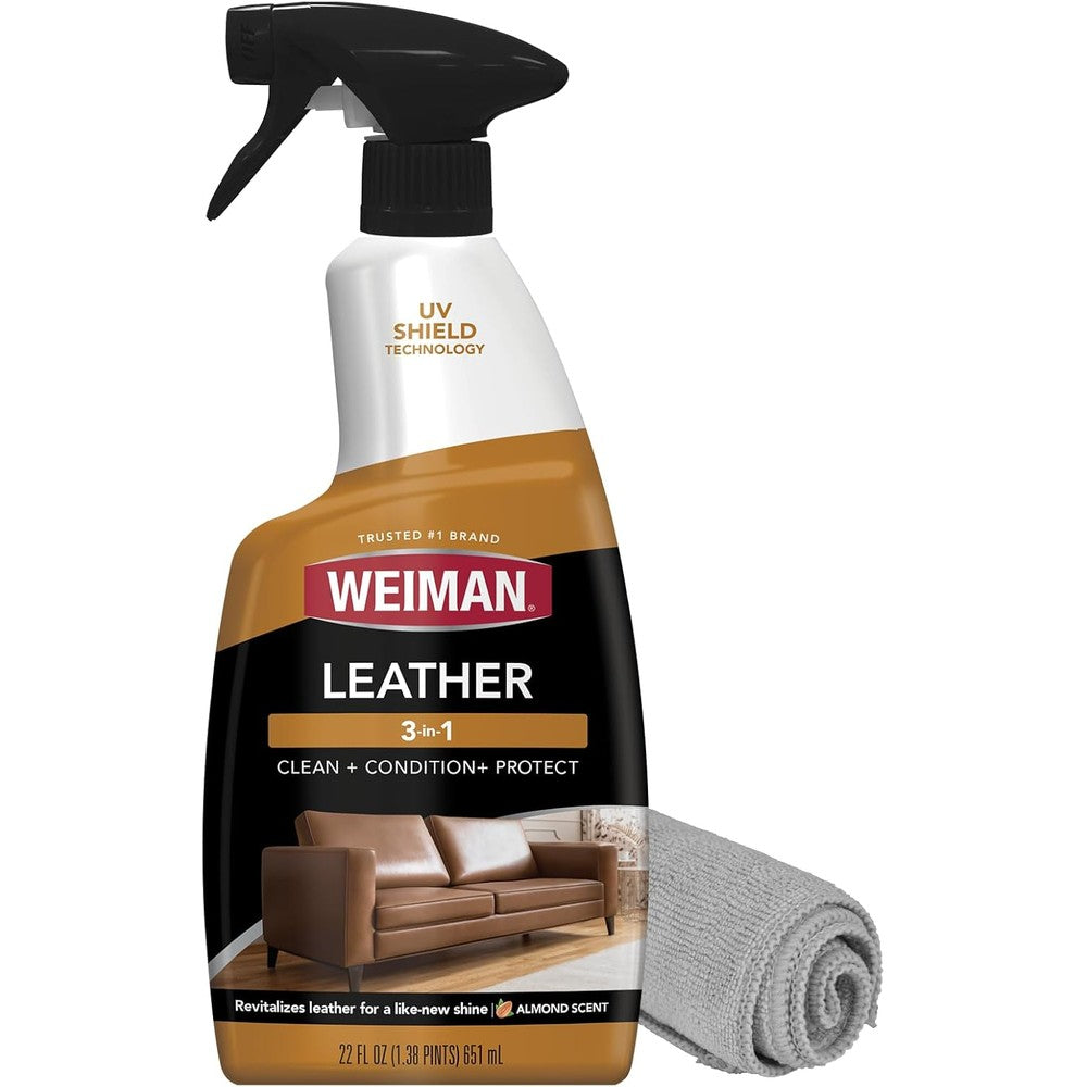Weiman Leather Cleaner and Conditioner 22 Fluid Ounce bottle with microfiber towel