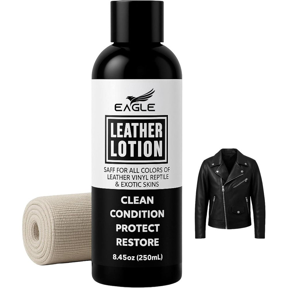 Eagle Leather Jacket Conditioner front view bottle with included application cloth