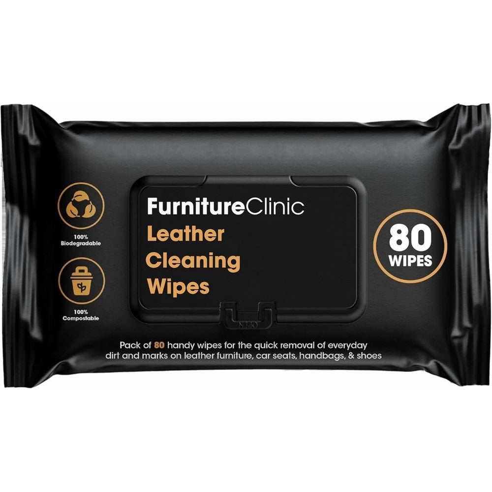 Furniture Clinic Leather Cleaning Wipes eighty count box front view showing product packaging.