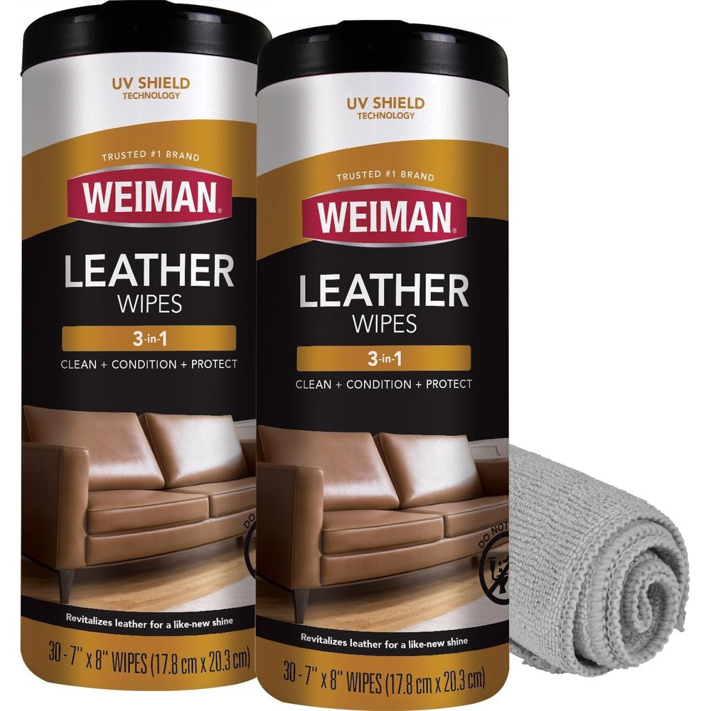 Weiman Leather Cleaner Wipes 2 pack front view leather restoration