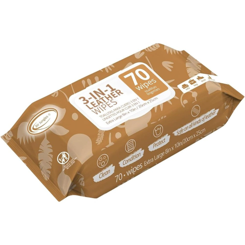 Air Jungles 3 in 1 Leather Cleaner Wipes 70 count canister front view for leather care.