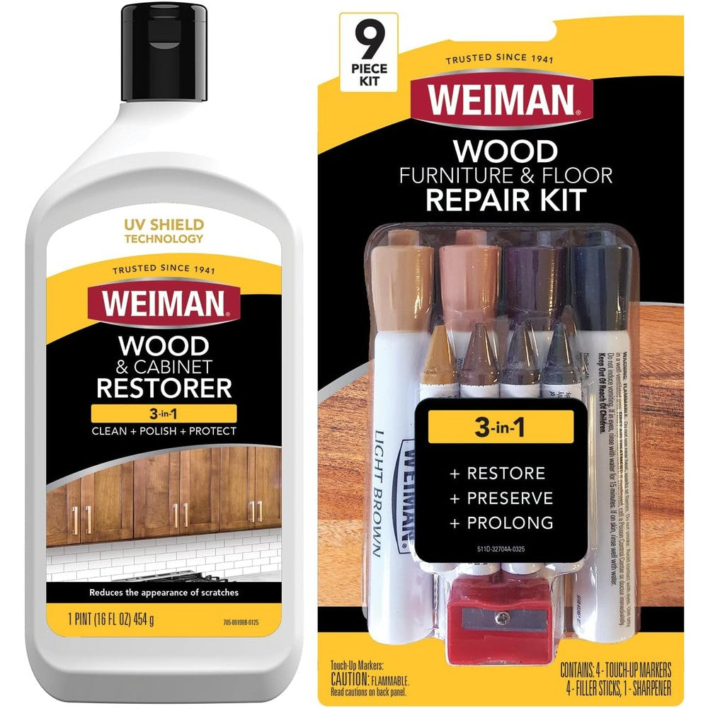 Weiman wood restore and repair kit front view showing furniture markers and filler sticks for home maintenance.