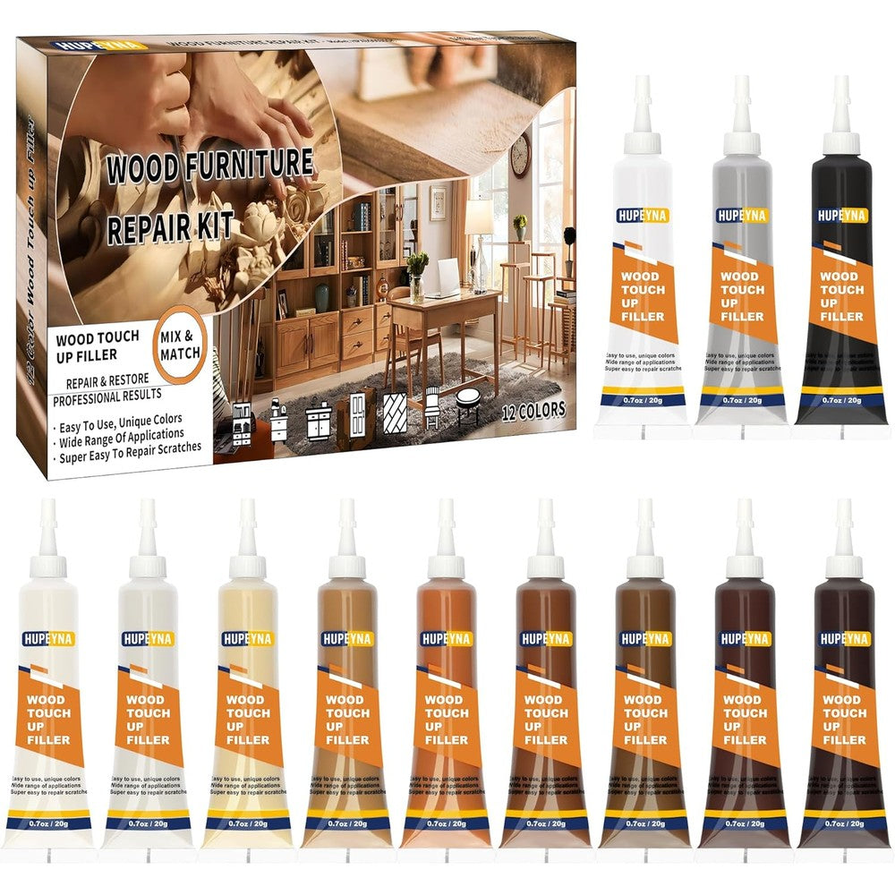Hupeyna Wood Repair Kit front view of 12 color wood filler tubes for furniture scratch restoration.