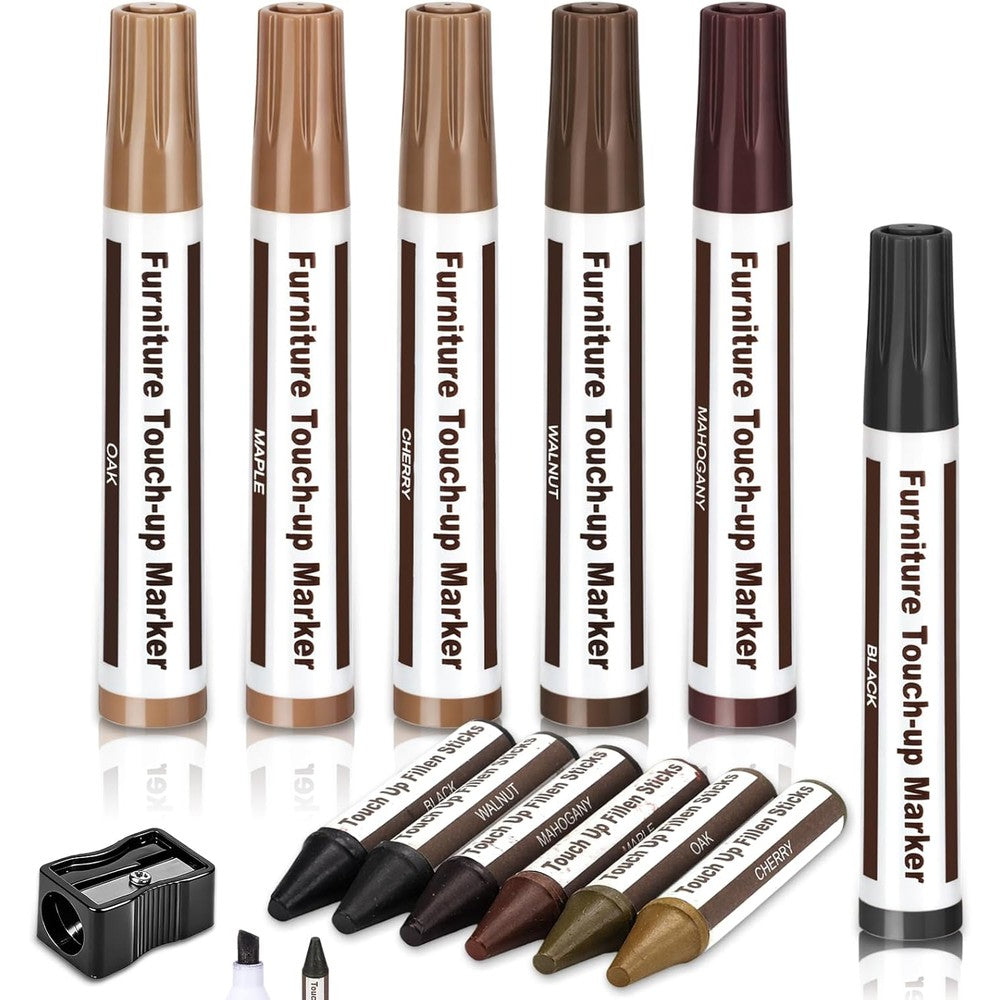 Ameego furniture repair kit wood markers front view showing thirteen pieces arranged on packaging.